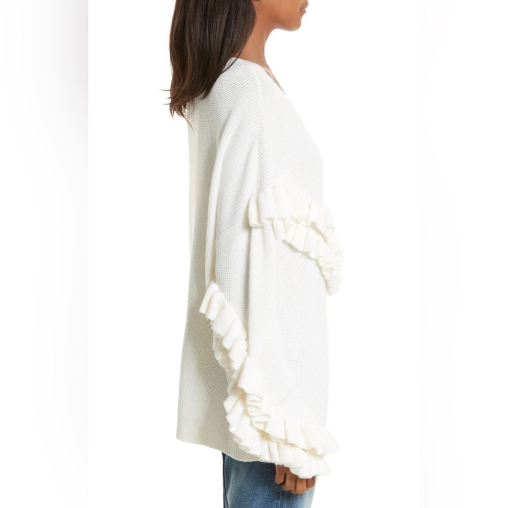 FRAME Ruffle Dolman Yoke Bateau Neck Off Merino Wool Blend White Sweater - Picture 2 of 9